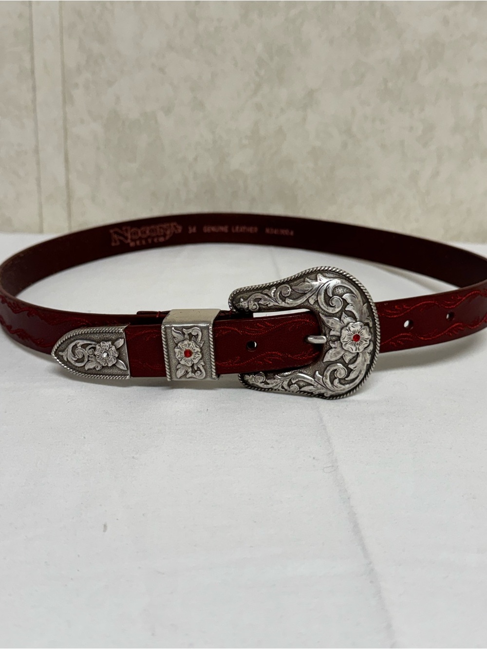 Nocona Red Leather Western Belt with Ornate Silver Buckle